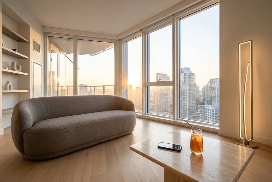 A bright high-rise living room at golden hour: a grey sofa, a stone coffee table with an iced drink and a phone lying on it, and a city view through tall windows.