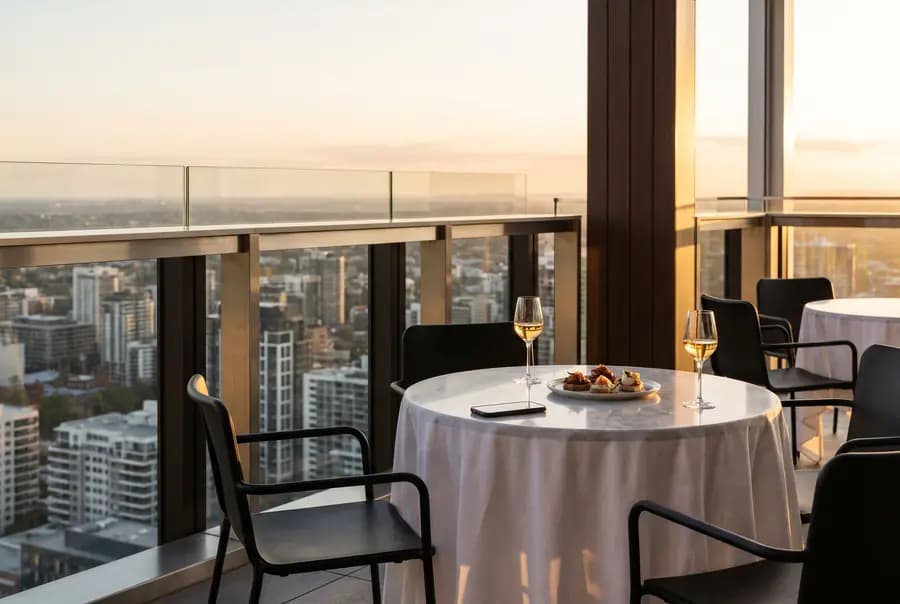 A rooftop restaurant table for two at sunset, with two glasses of wine, a small plate and a phone lying by it, over a city skyline.
